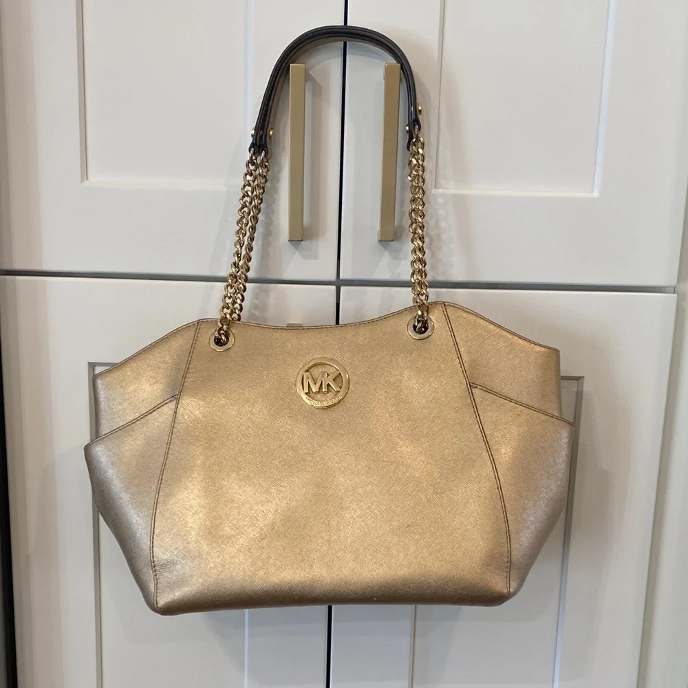 Michael Kors Metallic Gold Tote with Chain-Strap Accents - Picture 5 of 10